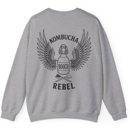 Grey Kombucha Rebel back print sweatshirt for fans of fermentation, featuring a bottle of booch with dramatic wings and crossed spoons - one with tea leaves and one with sugar. Design inspired by vintage Harley Davidson jackets.