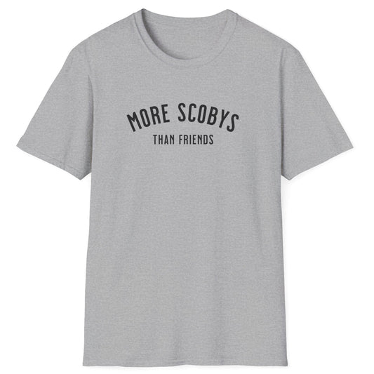 Grey More SCOBYS Than Friends T-shirt, unisex cotton tee for kombucha brewers, introverts, and fermentation culture enthusiasts