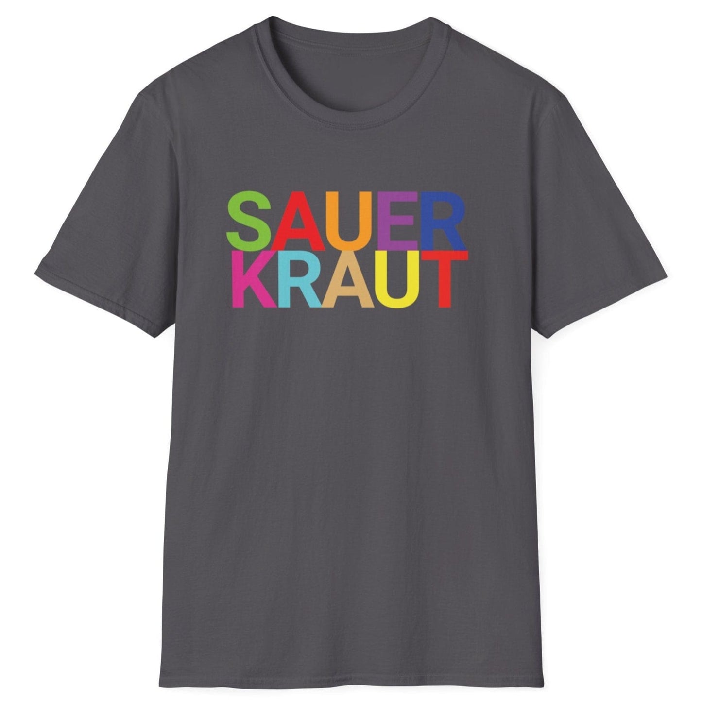 Charcoal grey cotton t-shirt with the word 'SAUERKRAUT' in big, bold, colourful typography. Perfect gift for fermenters and sauerkraut fans.