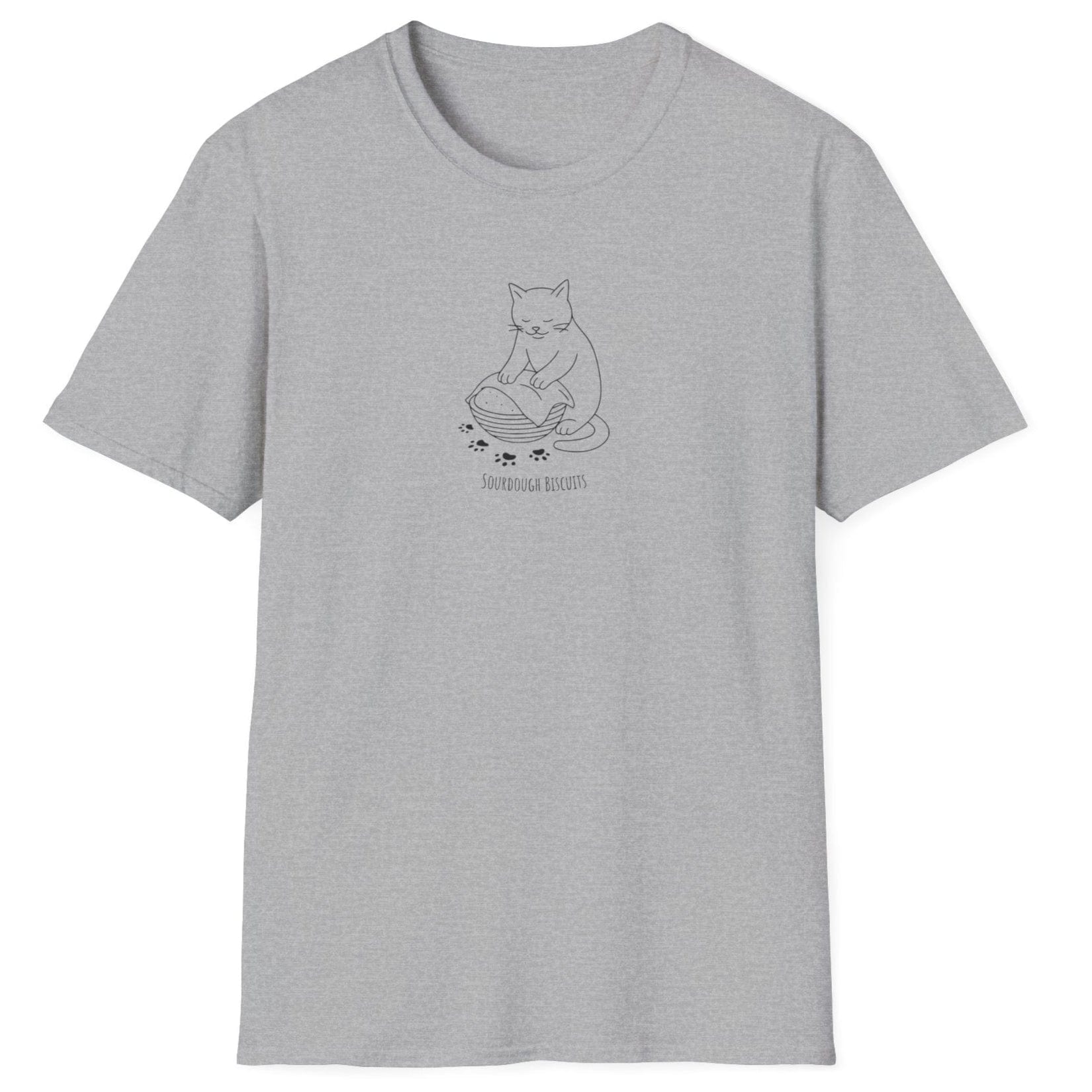 Illustrated cat kneading dough in a banneton, surrounded by floury paw prints — Sourdough Biscuits t-shirt in grey for cat and bread lovers