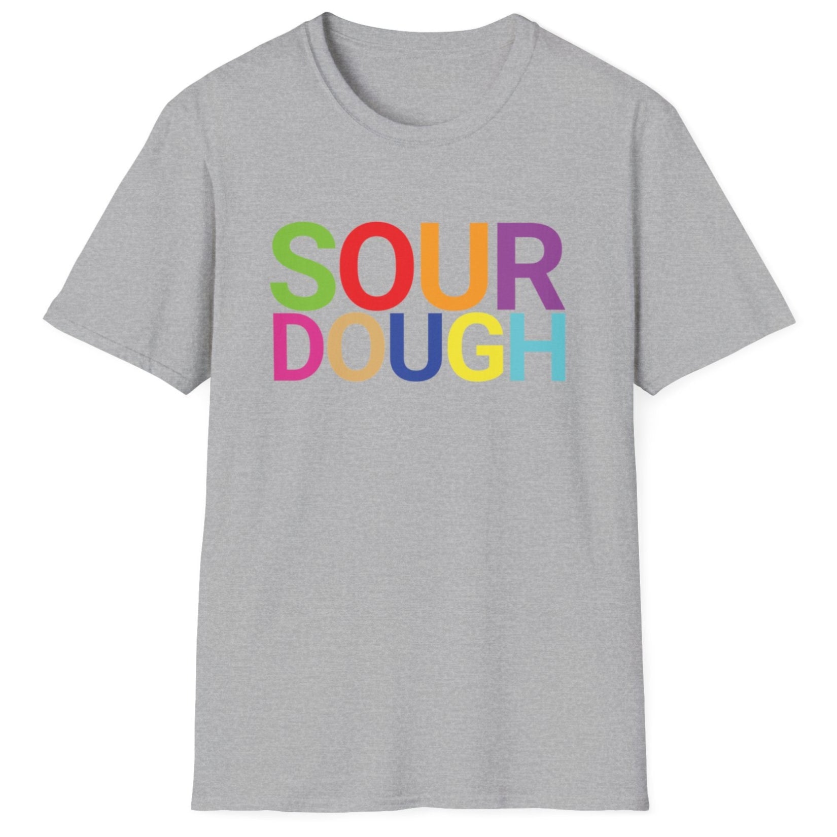 Sports grey cotton t-shirt with the word 'SOUR DOUGH' in bold colourful typography. Great gift for bakers and fermenters.