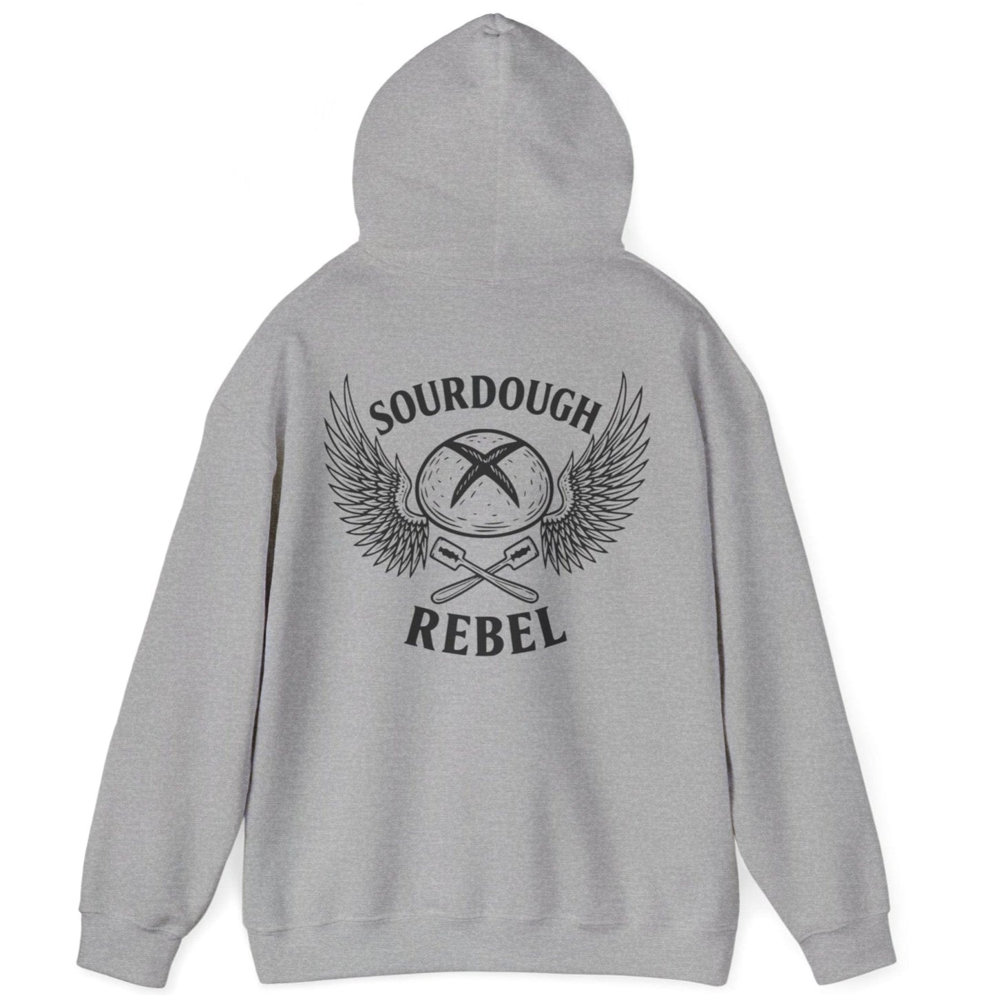 Grey Sourdough Rebel back print hoodie for fans of fermentation, featuring a sourdough boule with dramatic wings and crossed lames. Design inspired by vintage Harley Davidson jackets.