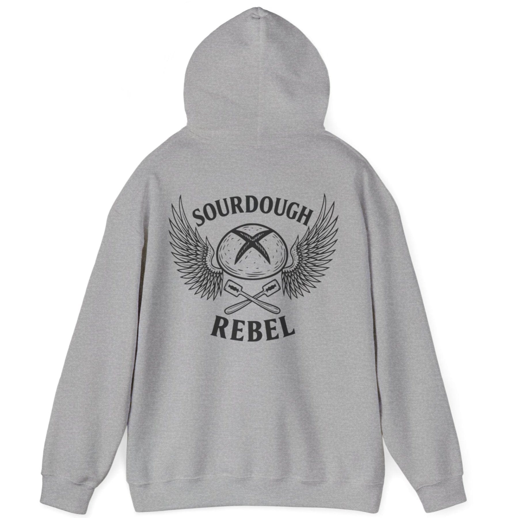 Grey Sourdough Rebel back print hoodie for fans of fermentation, featuring a sourdough boule with dramatic wings and crossed lames. Design inspired by vintage Harley Davidson jackets.