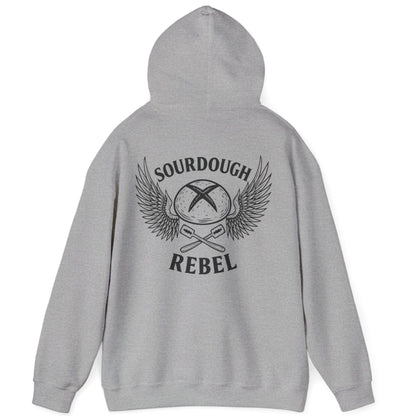 Grey Sourdough Rebel back print hoodie for fans of fermentation, featuring a sourdough boule with dramatic wings and crossed lames. Design inspired by vintage Harley Davidson jackets.