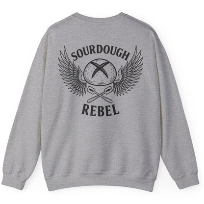 Grey Sourdough Rebel back print sweatshirt for fans of fermentation, featuring a sourdough boule with dramatic wings and crossed lames. Design inspired by vintage Harley Davidson jackets.