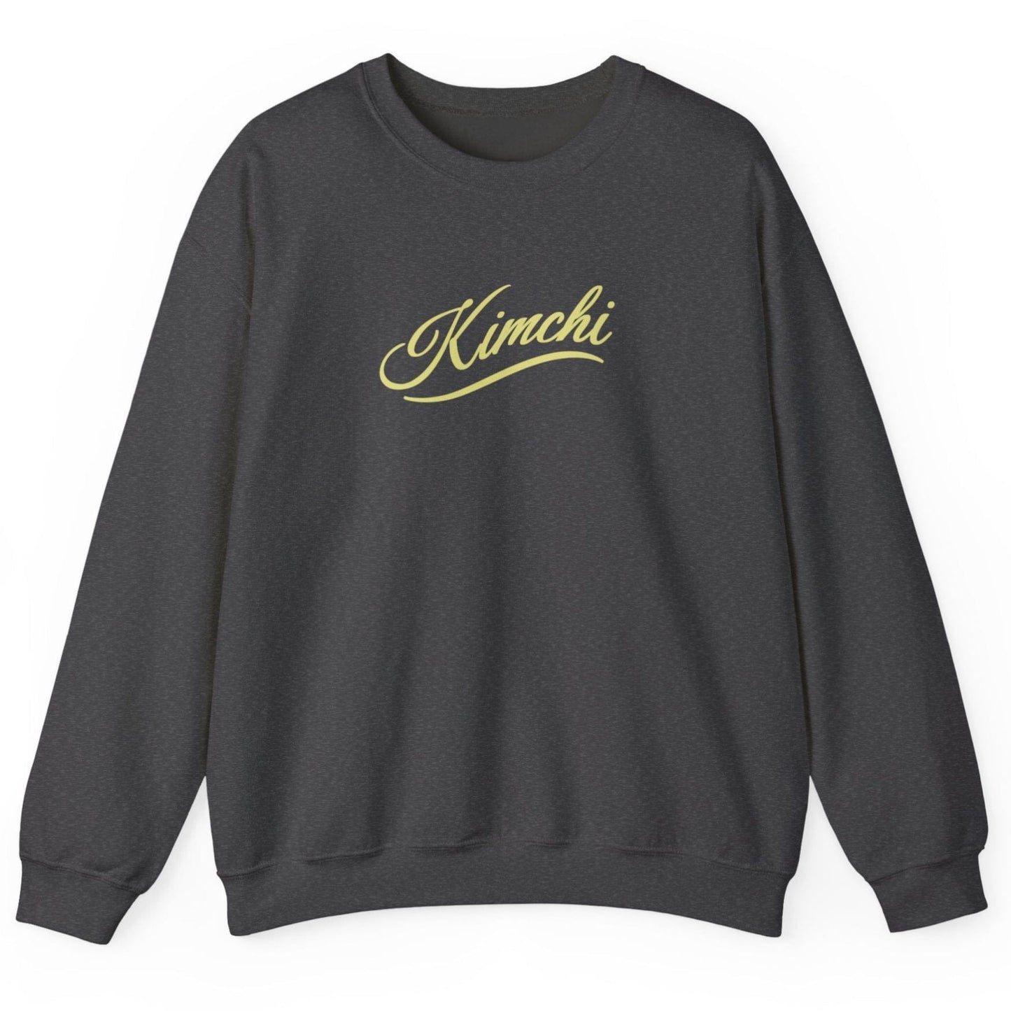 Grey sweatshirt with the word KIMCHI in in a simple but elegant script with a subtle flourish. Great gift for fermenters and kimchi lovers.