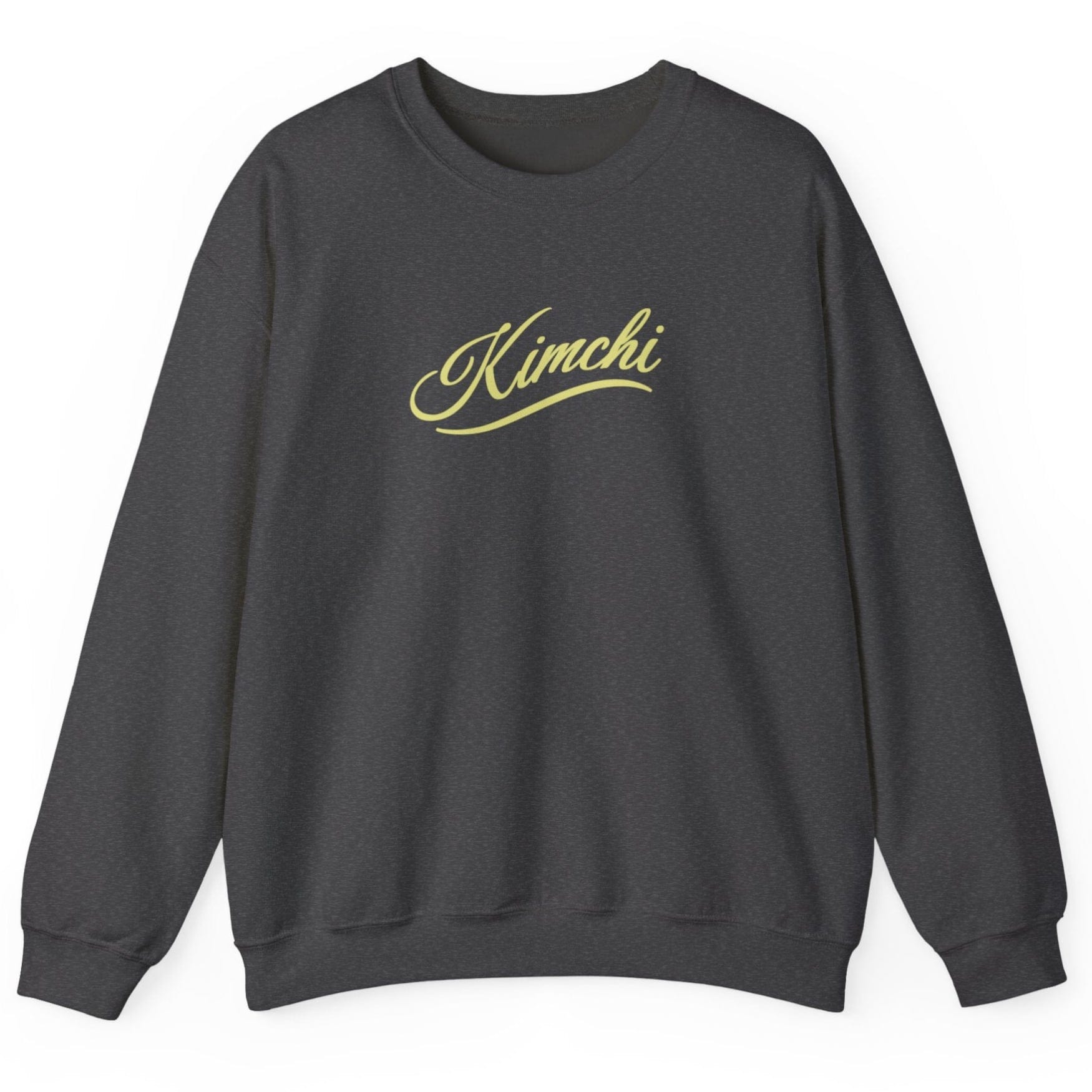 Grey sweatshirt with the word KIMCHI in in a simple but elegant script with a subtle flourish. Great gift for fermenters and kimchi lovers.