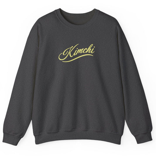 Grey sweatshirt with the word KIMCHI in in a simple but elegant script with a subtle flourish. Great gift for fermenters and kimchi lovers.