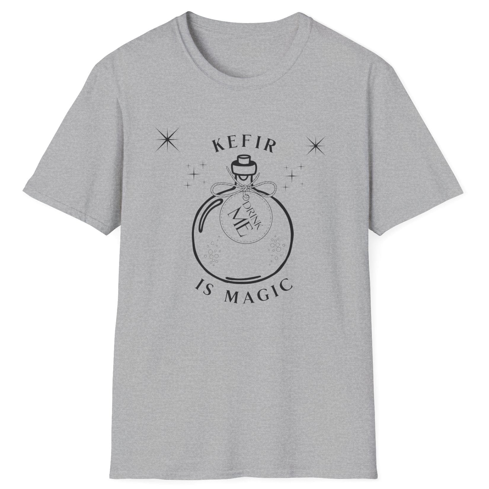 Sports grey t-shirt with 'Kefir is Magic' graphic design featuring a magic potion bottle with a label saying 'drink me'