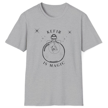Sports grey t-shirt with 'Kefir is Magic' graphic design featuring a magic potion bottle with a label saying 'drink me'