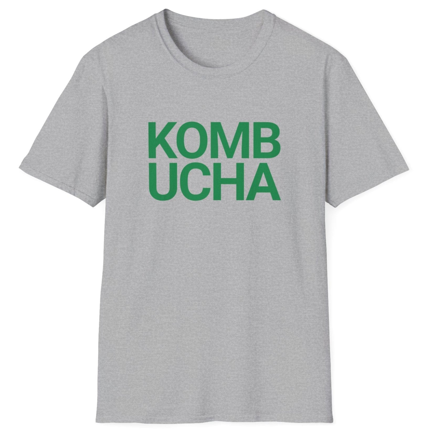 Grey fermentation t-shirt with green 'KOMBUCHA' text in modern bold typography
