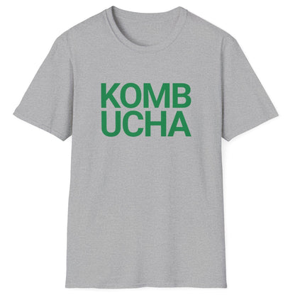 Grey fermentation t-shirt with green 'KOMBUCHA' text in modern bold typography