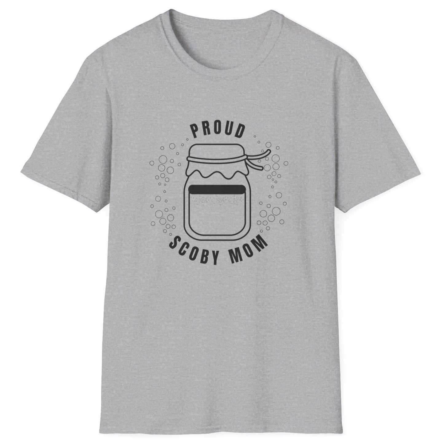 Proud SCOBY Mom T-shirt - black design on a grey T-Shirt, unisex cotton tee for kombucha brewers and fermentation enthusiasts
