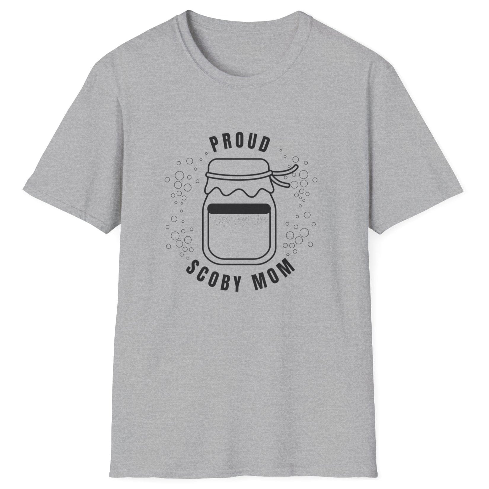 Proud SCOBY Mom T-shirt - black design on a grey T-Shirt, unisex cotton tee for kombucha brewers and fermentation enthusiasts