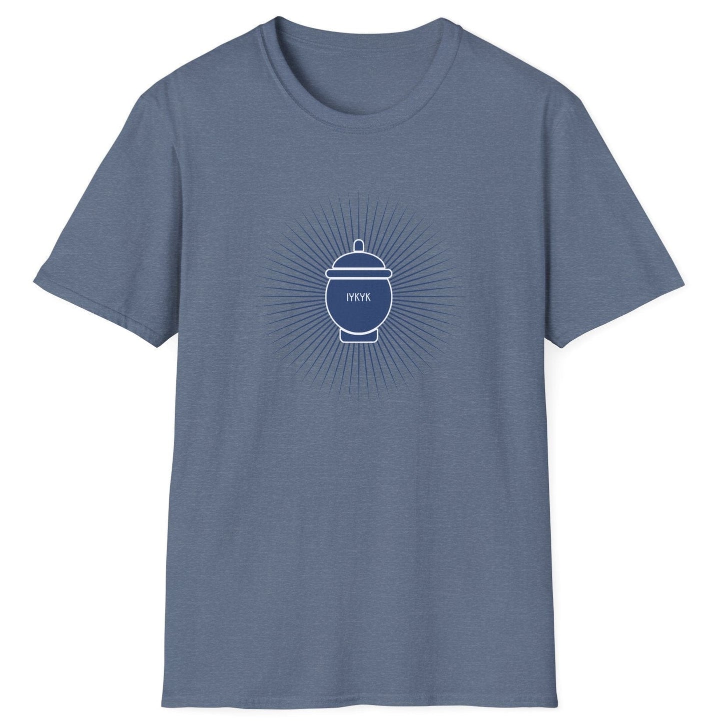 IYKYK blue Fermentation T-shirt featuring a traditional fermentation vessel with radiating rays. Perfect gift for kimchi lovers, kombucha brewers, and fermentation enthusiasts. Soft, relaxed-fit unisex cotton tee.