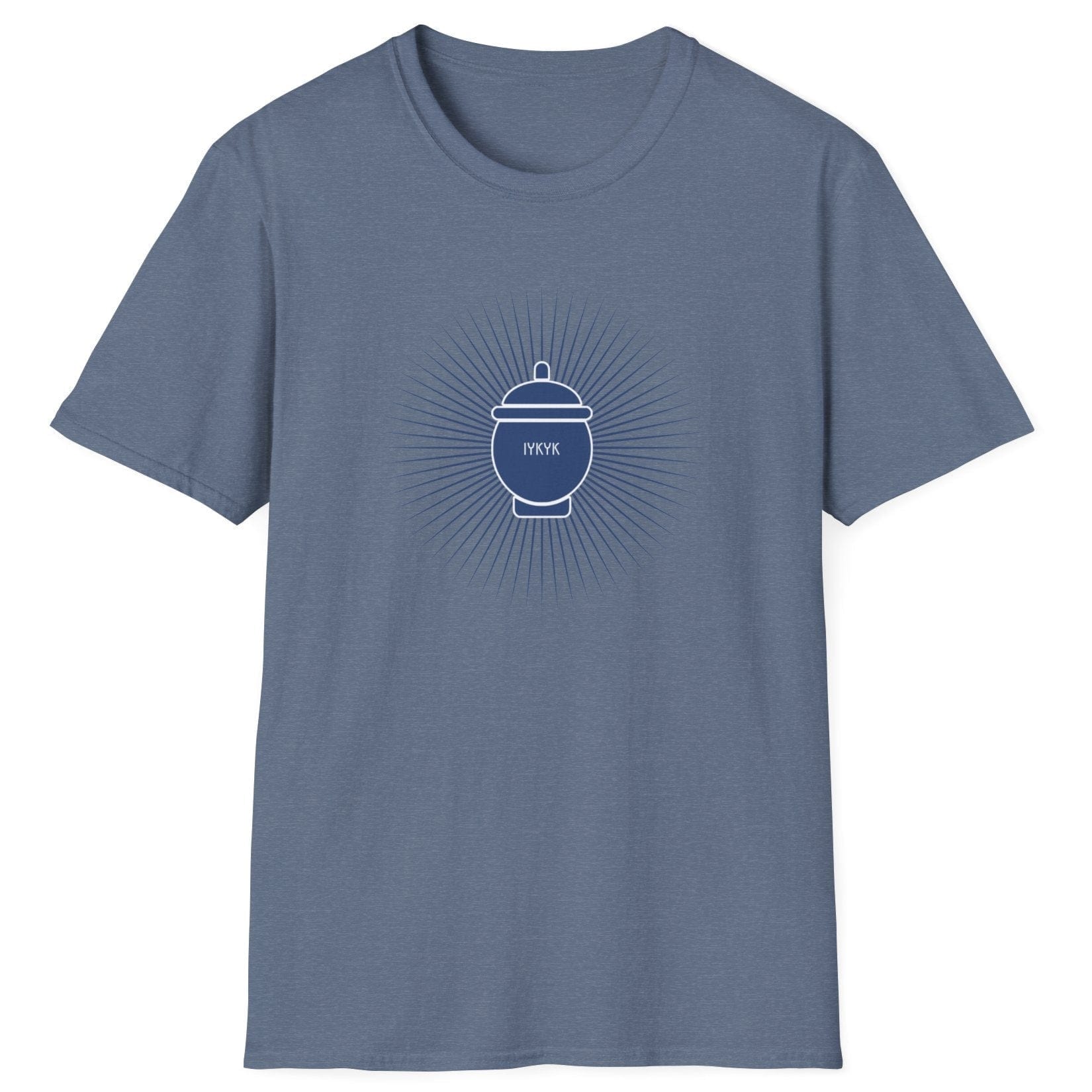 IYKYK blue Fermentation T-shirt featuring a traditional fermentation vessel with radiating rays. Perfect gift for kimchi lovers, kombucha brewers, and fermentation enthusiasts. Soft, relaxed-fit unisex cotton tee.