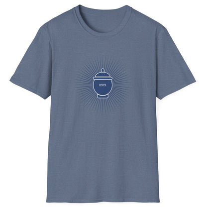 IYKYK blue Fermentation T-shirt featuring a traditional fermentation vessel with radiating rays. Perfect gift for kimchi lovers, kombucha brewers, and fermentation enthusiasts. Soft, relaxed-fit unisex cotton tee.