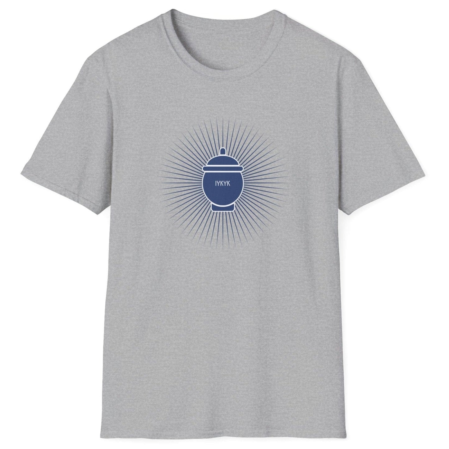 IYKYK grey Fermentation T-shirt featuring a traditional fermentation vessel with radiating rays. Perfect gift for kimchi lovers, kombucha brewers, and fermentation enthusiasts. Soft, relaxed-fit unisex cotton tee.