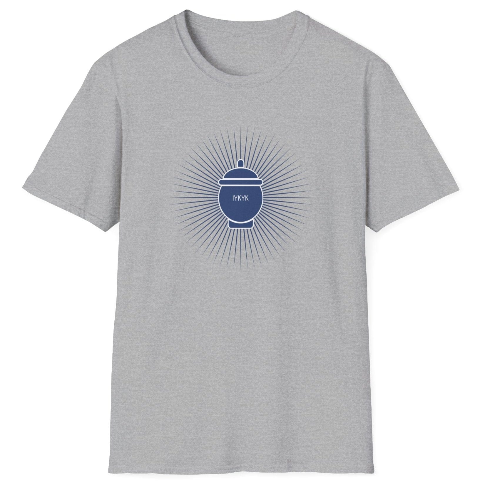IYKYK grey Fermentation T-shirt featuring a traditional fermentation vessel with radiating rays. Perfect gift for kimchi lovers, kombucha brewers, and fermentation enthusiasts. Soft, relaxed-fit unisex cotton tee.
