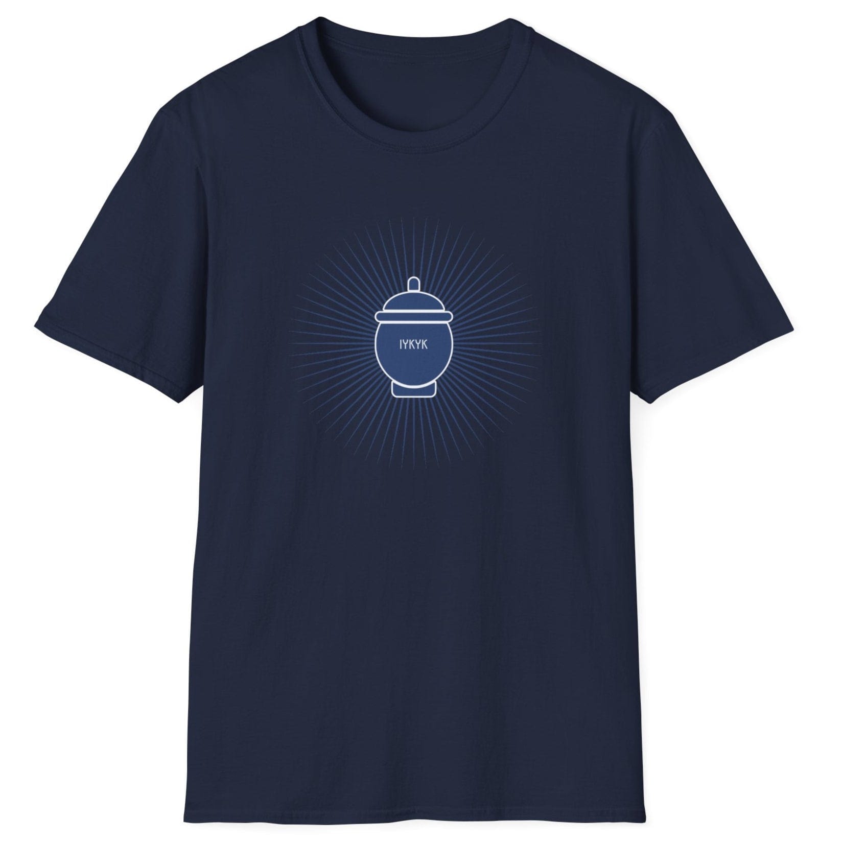 IYKYK navy Fermentation T-shirt featuring a traditional fermentation vessel with radiating rays. Perfect gift for kimchi lovers, kombucha brewers, and fermentation enthusiasts. Soft, relaxed-fit unisex cotton tee.