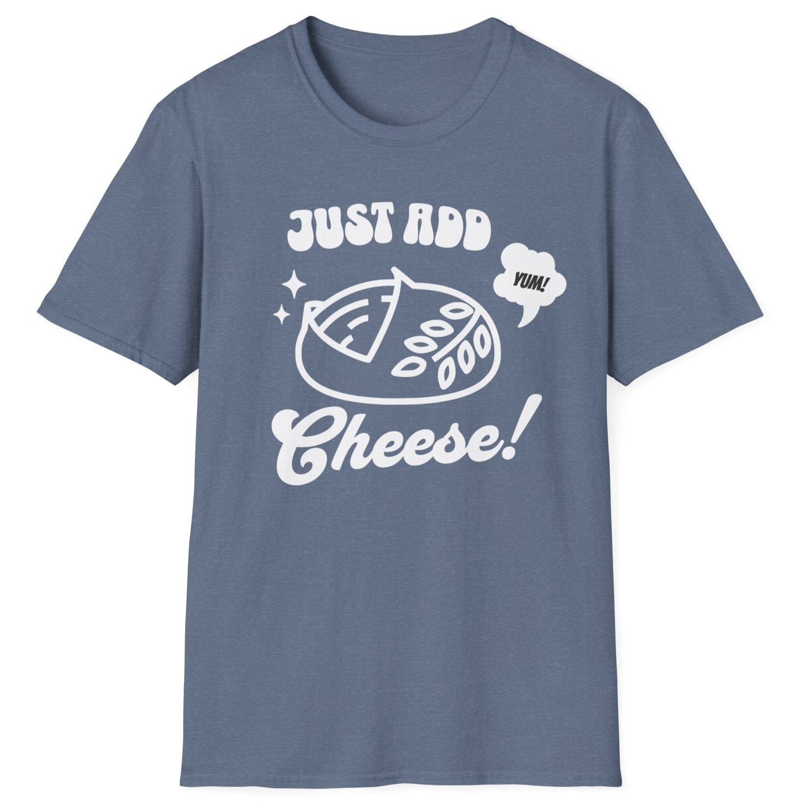 Bold pop-art style sourdough loaf with “Just Add Cheese!” slogan on blue unisex T-shirt — part of the Cultured sourdough collection for fermentation fans.