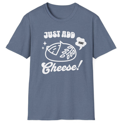 Bold pop-art style sourdough loaf with “Just Add Cheese!” slogan on blue unisex T-shirt — part of the Cultured sourdough collection for fermentation fans.