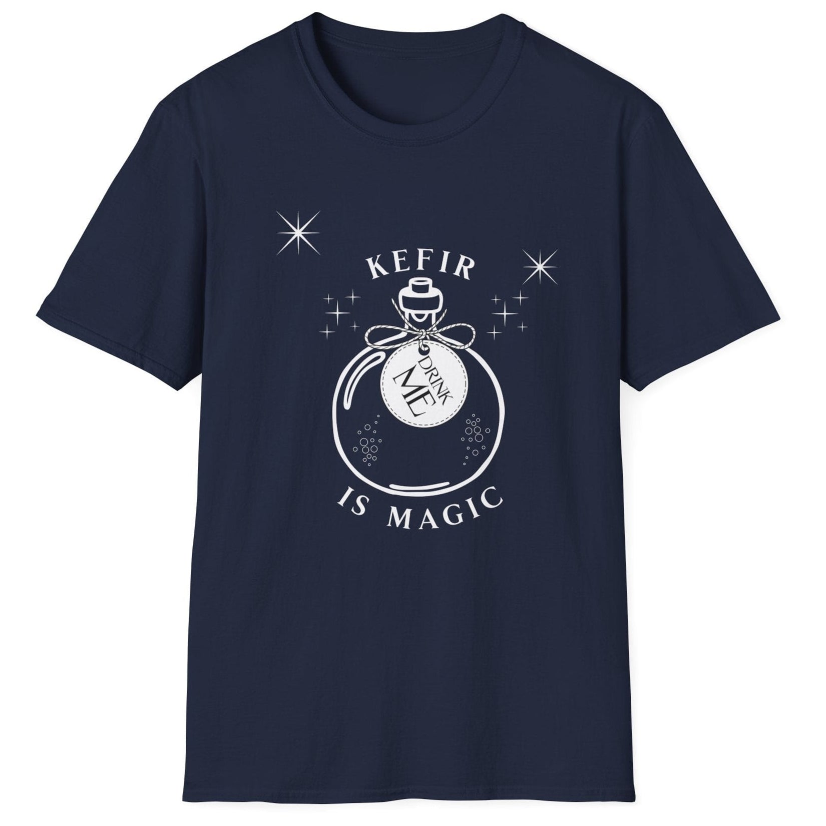 Navy blue t-shirt with 'Kefir is Magic' graphic design featuring a magic potion bottle with a label saying 'drink me'