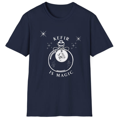Navy blue t-shirt with 'Kefir is Magic' graphic design featuring a magic potion bottle with a label saying 'drink me'
