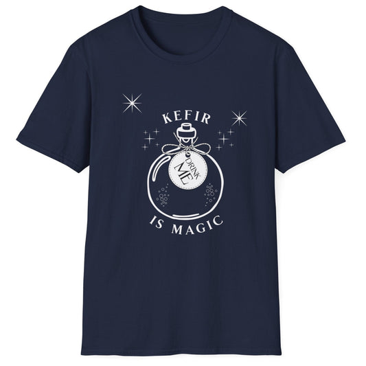 Navy blue t-shirt with 'Kefir is Magic' graphic design featuring a magic potion bottle with a label saying 'drink me'