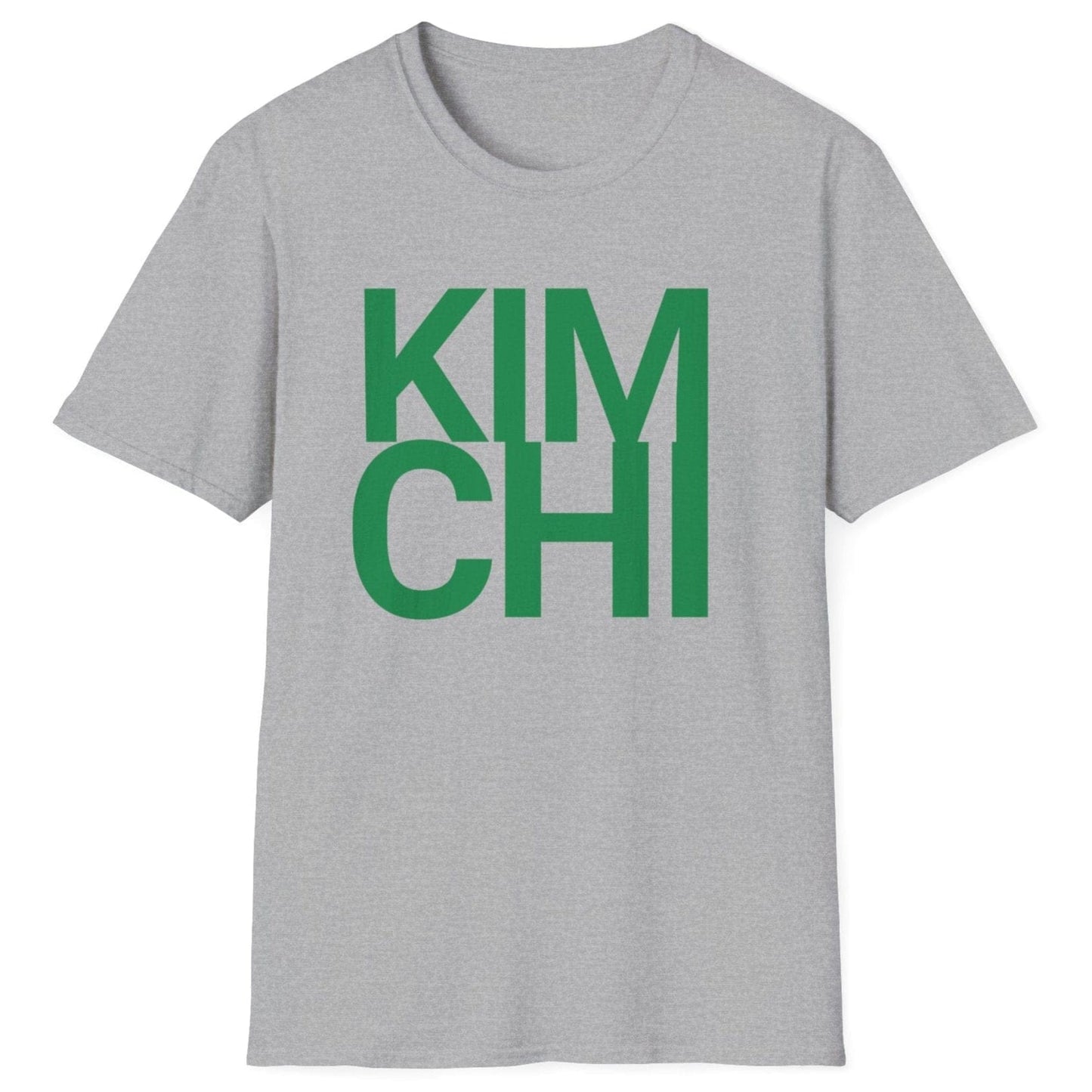 Kimchi Bold fermentation T-shirt in grey featuring the word 'KIMCHI' in bold green typography, inspired by the rich tradition of Korean cuisine