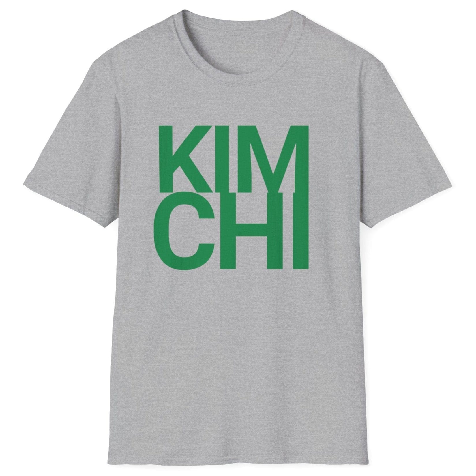 Kimchi Bold fermentation T-shirt in grey featuring the word 'KIMCHI' in bold green typography, inspired by the rich tradition of Korean cuisine