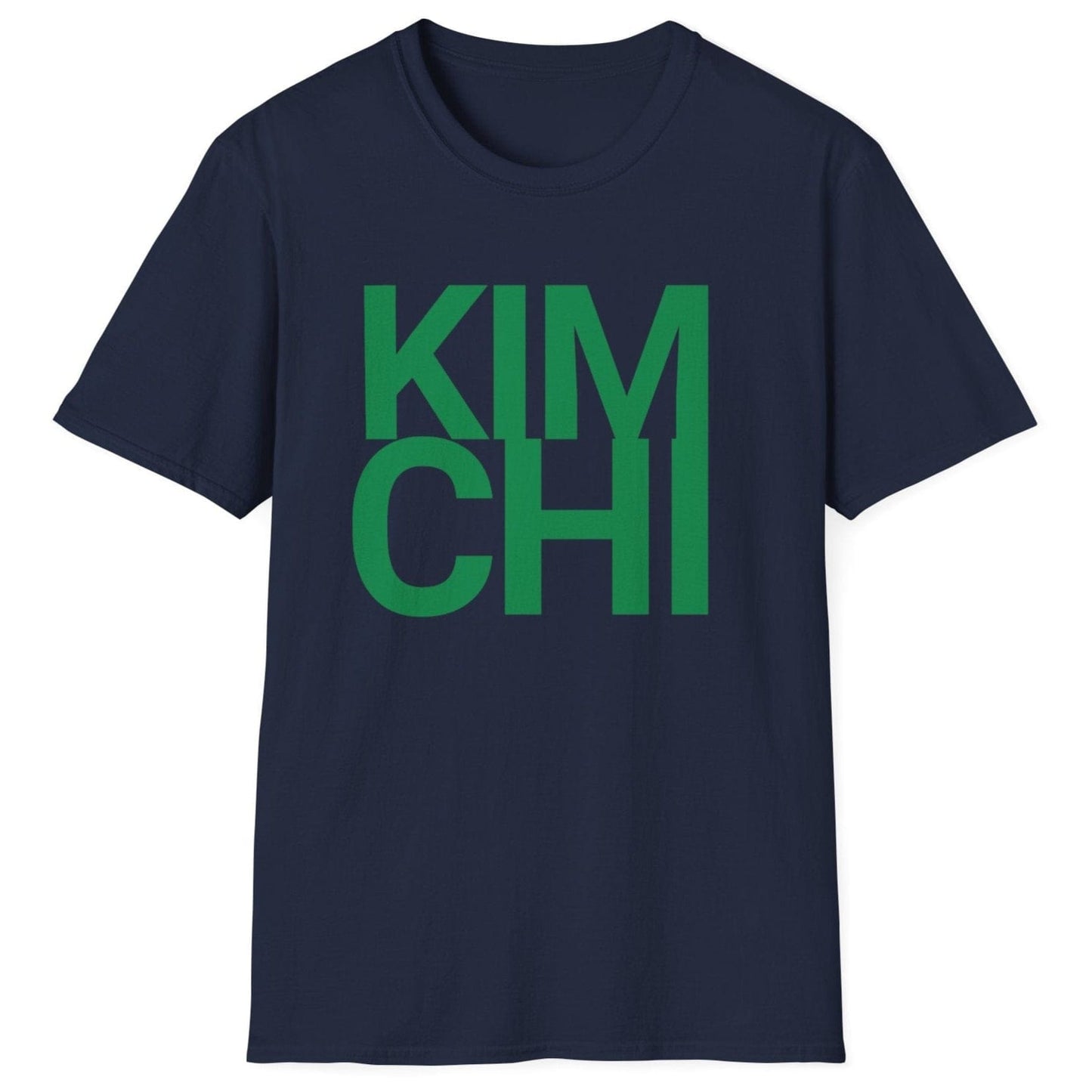 Kimchi Bold fermentation T-shirt in navy featuring the word 'KIMCHI' in bold green typography, inspired by the rich tradition of Korean cuisine