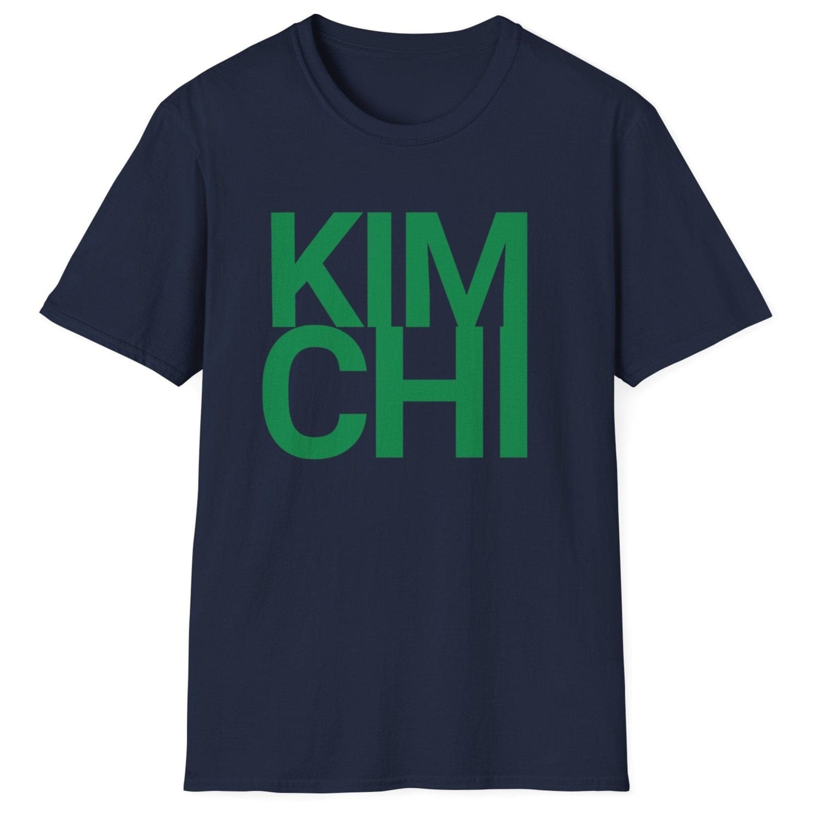 Kimchi Bold fermentation T-shirt in navy featuring the word 'KIMCHI' in bold green typography, inspired by the rich tradition of Korean cuisine
