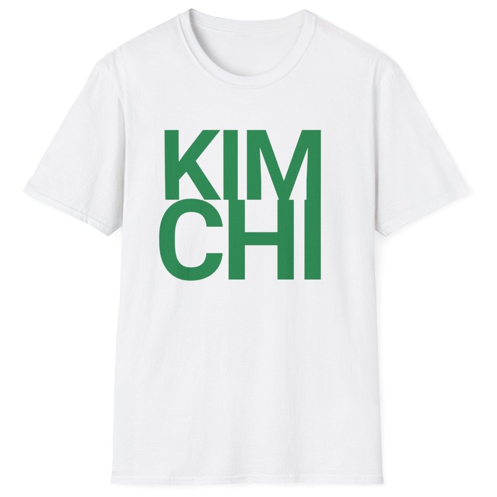 Kimchi Bold fermentation T-shirt in white featuring the word 'KIMCHI' in bold green typography, inspired by the rich tradition of Korean cuisine