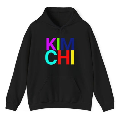Black hoodie with the word 'KIMCHI' in bold colourful typography. Great gift for fermenters and kimchi lovers.