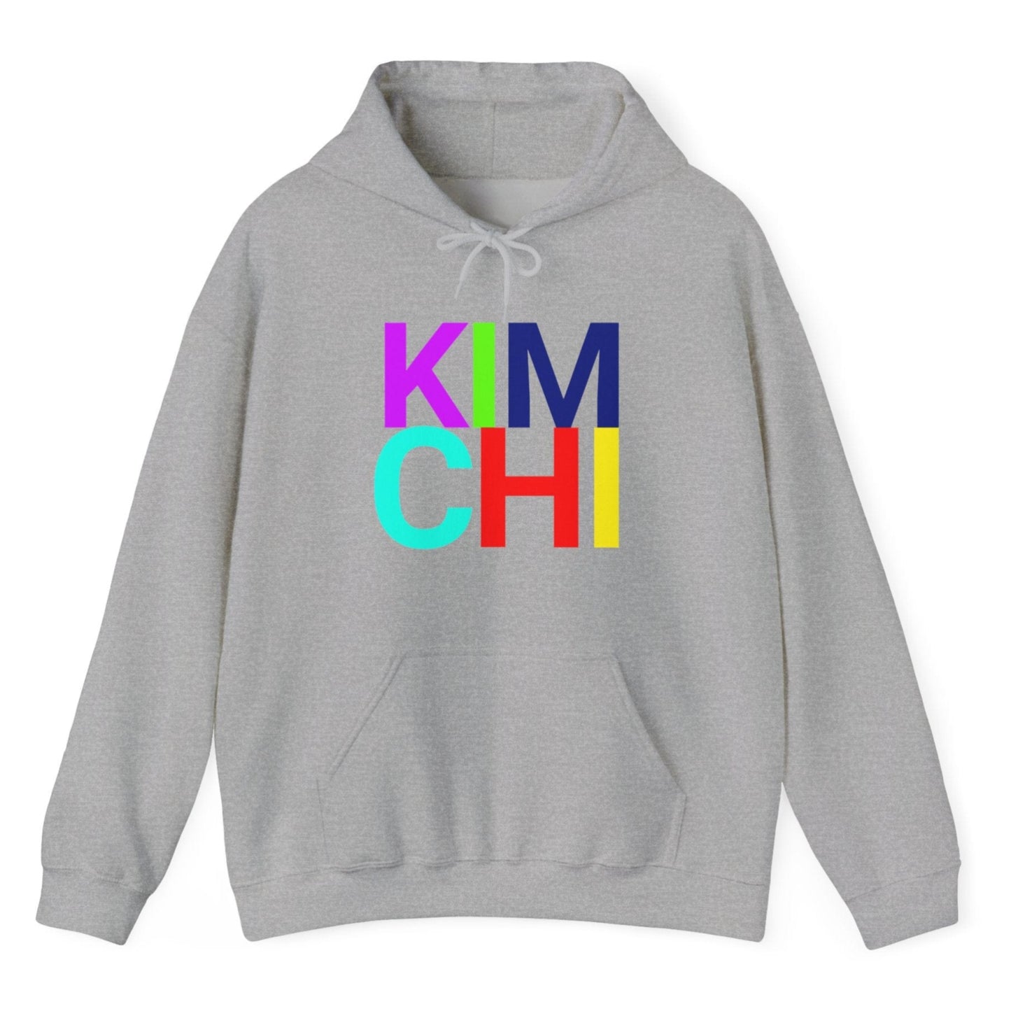 Grey hoodie with the word 'KIMCHI' in bold colourful typography. Great gift for fermenters and kimchi lovers.