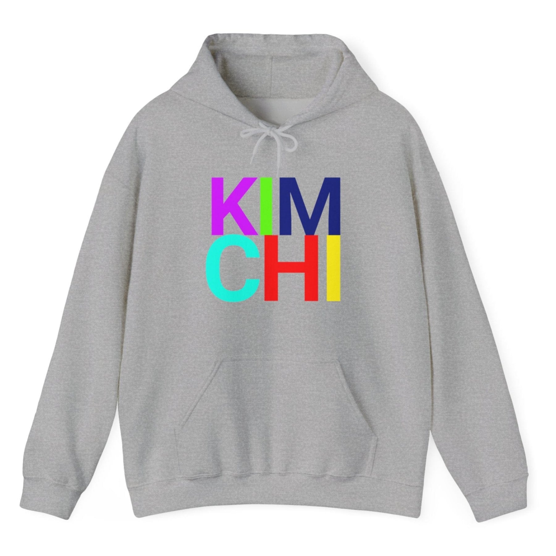 Grey hoodie with the word 'KIMCHI' in bold colourful typography. Great gift for fermenters and kimchi lovers.