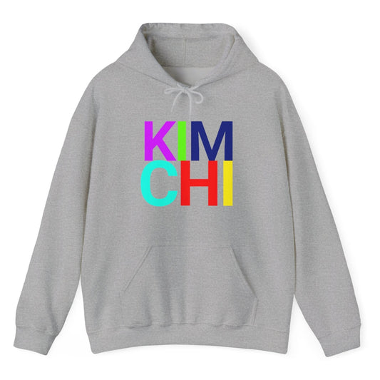 Grey hoodie with the word 'KIMCHI' in bold colourful typography. Great gift for fermenters and kimchi lovers.