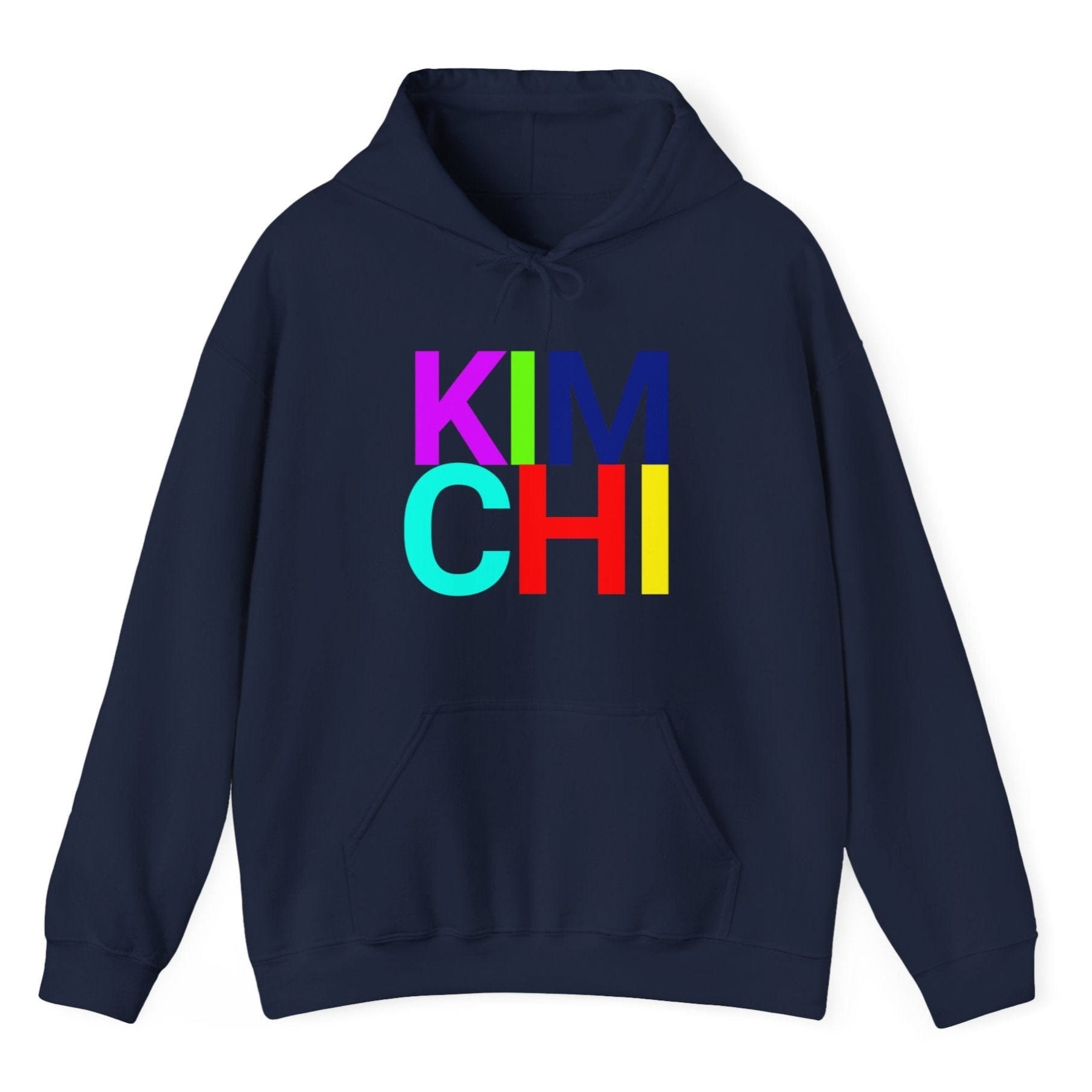 Navy hoodie with the word 'KIMCHI' in bold colourful typography. Great gift for fermenters and kimchi lovers.