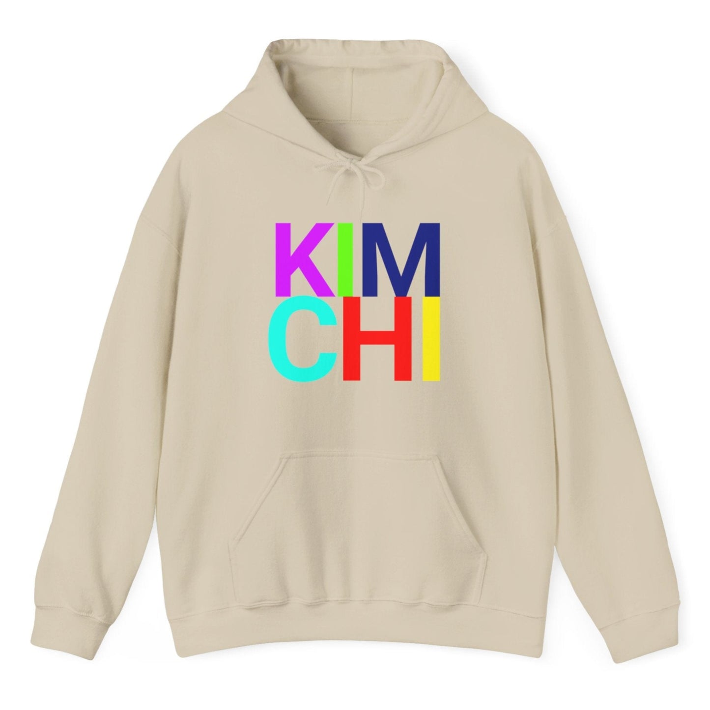 Sand coloured hoodie with the word 'KIMCHI' in bold colourful typography. Great gift for fermenters and kimchi lovers.
