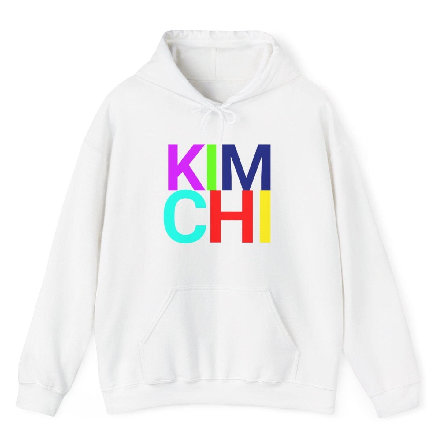 White hoodie with the word 'KIMCHI' in bold colourful typography. Great gift for fermenters and kimchi lovers.