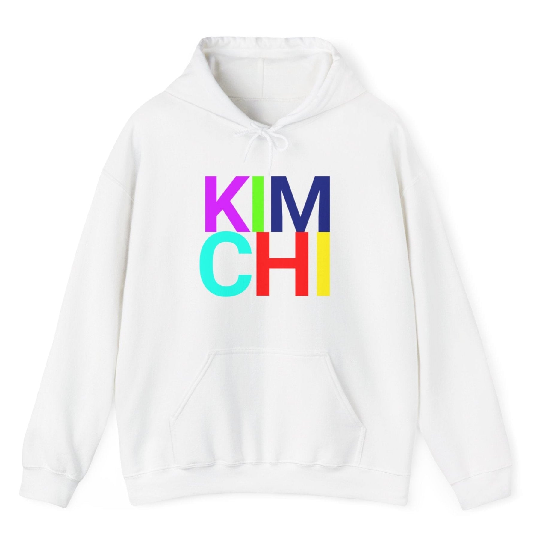 White hoodie with the word 'KIMCHI' in bold colourful typography. Great gift for fermenters and kimchi lovers.