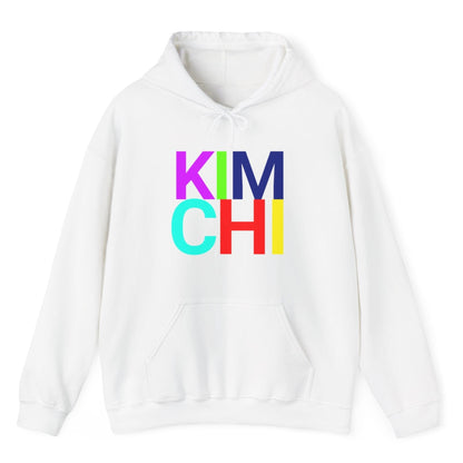 White hoodie with the word 'KIMCHI' in bold colourful typography. Great gift for fermenters and kimchi lovers.