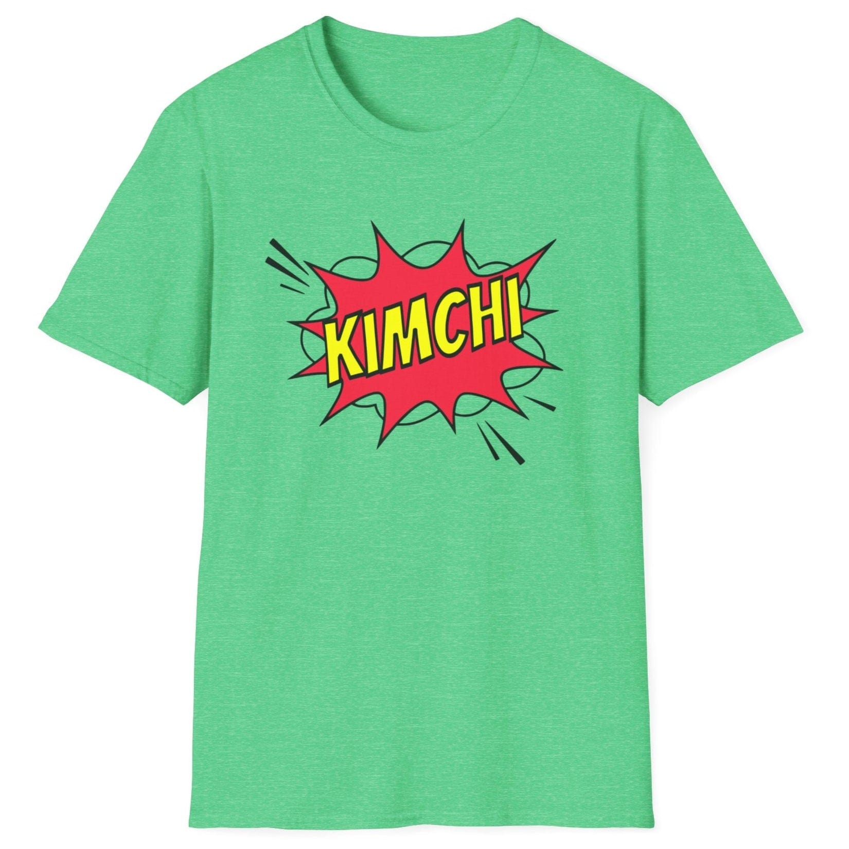 Comic book-style "Kimchi" explosion graphic with bold yellow text on a green cotton T-Shirt, designed for a Korean foodies , fermentation fans and kimchi lovers.
