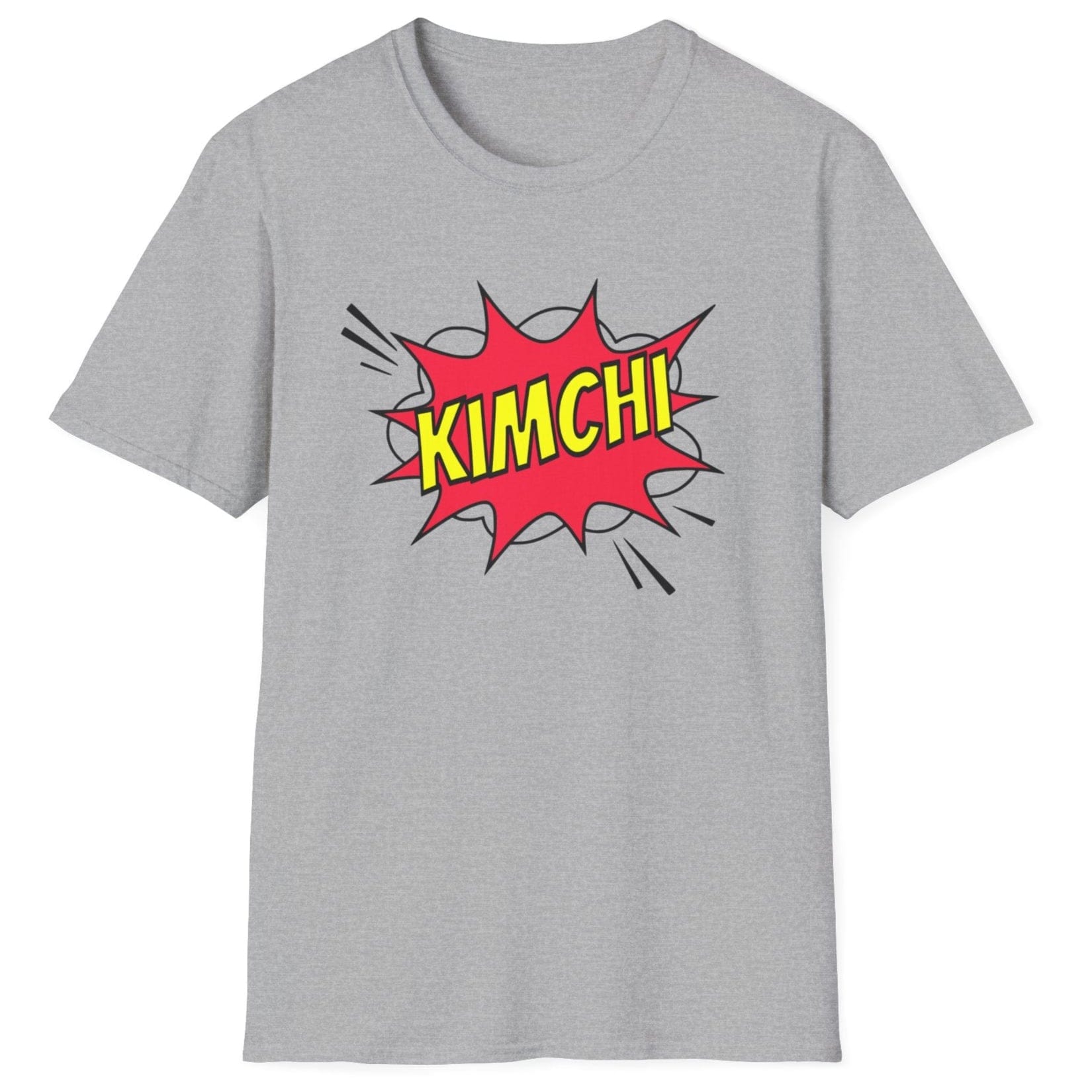 Comic book-style "Kimchi" explosion graphic with bold yellow text on a grey cotton T-Shirt, designed for a Korean foodies , fermentation fans and kimchi lovers.