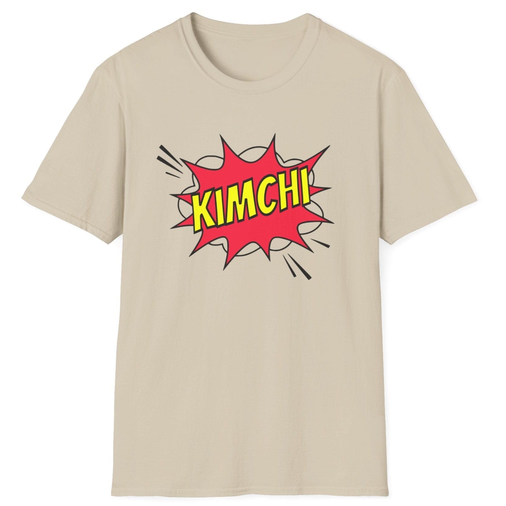 Comic book-style "Kimchi" explosion graphic with bold yellow text on a neutral cotton T-Shirt, designed for a Korean foodies , fermentation fans and kimchi lovers.