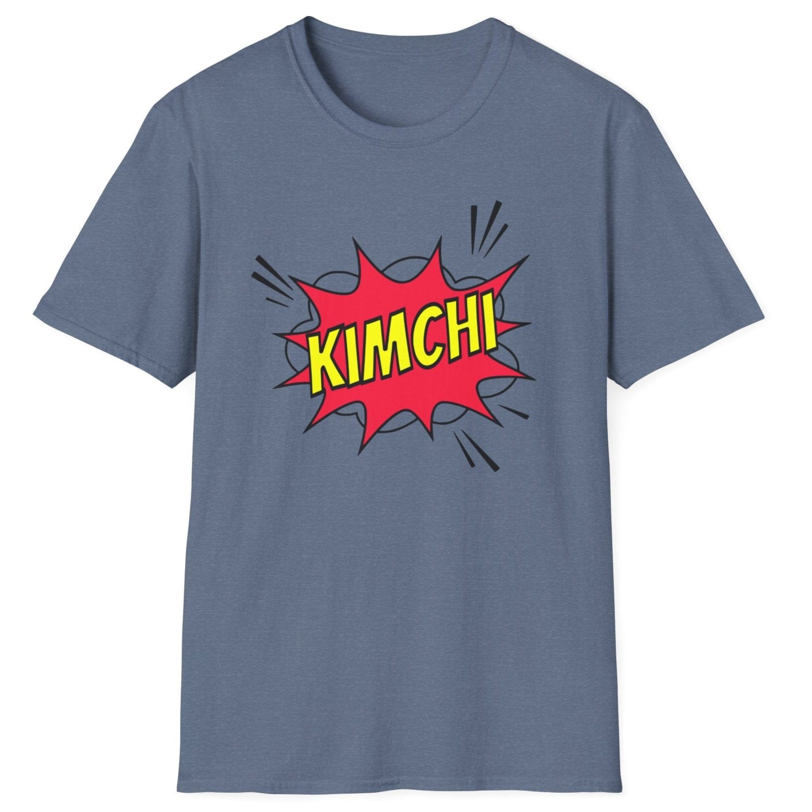 Comic book-style "Kimchi" explosion graphic with bold yellow text on a blue cotton T-Shirt, designed for a Korean foodies , fermentation fans and kimchi lovers.