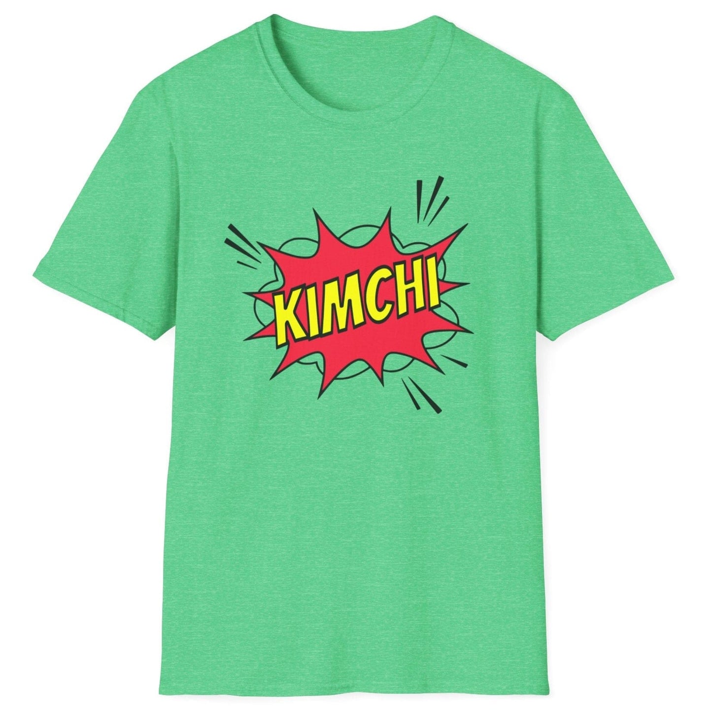 Comic book-style "Kimchi" explosion graphic with bold yellow text on a green cotton T-Shirt, designed for a Korean foodies , fermentation fans and kimchi lovers.