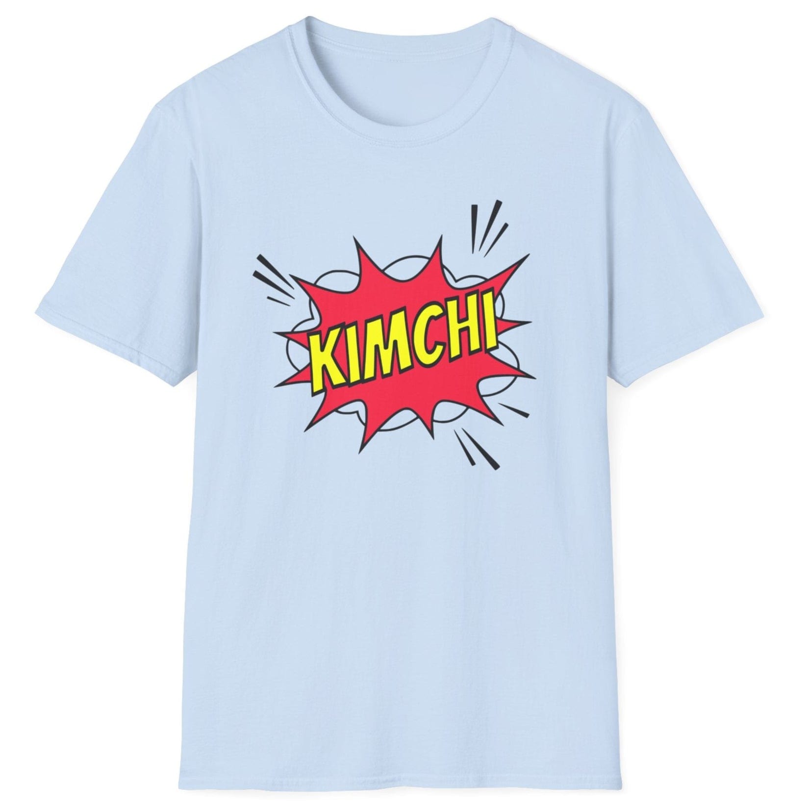 Comic book-style "Kimchi" explosion graphic with bold yellow text on a light blue cotton T-Shirt, designed for a Korean foodies , fermentation fans and kimchi lovers.