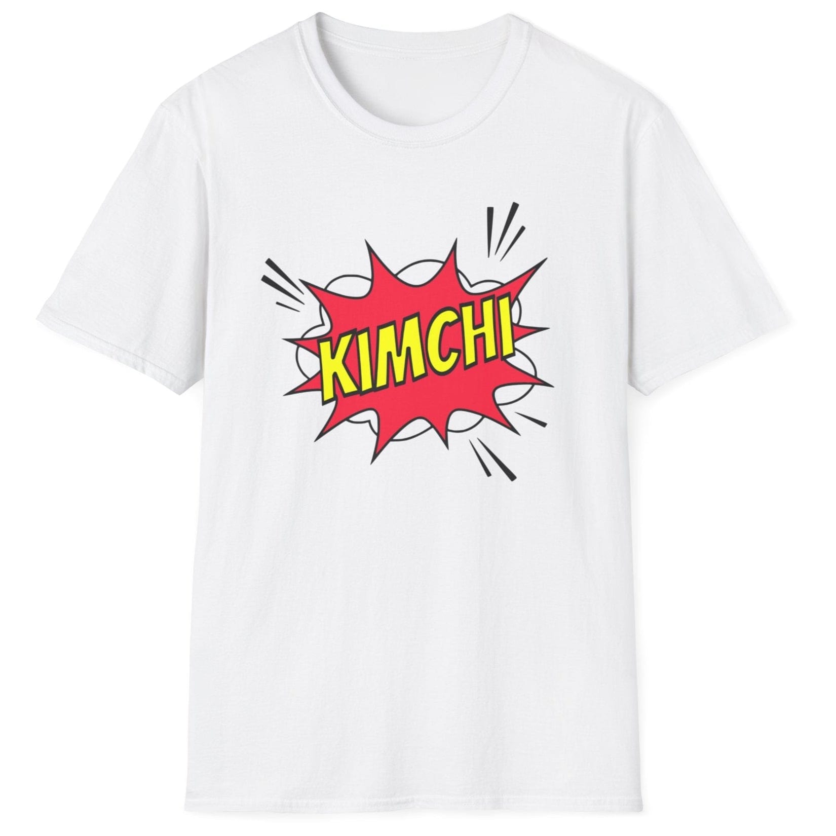 Comic book-style "Kimchi" explosion graphic with bold yellow text on a white cotton T-Shirt, designed for a Korean foodies , fermentation fans and kimchi lovers.